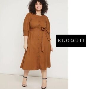 Eloquii Linen Button Front Tie Waist Puff Sleeve Smocked Midi Brown Dress Comfy